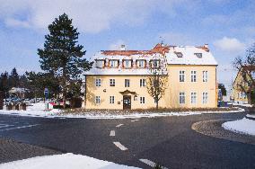 the Pruhonice Town Hall, Kvetnove Square, winter, snow