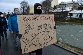 protest march demanding investigation into Becva River pollution