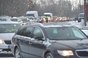 queue of commuters waiting for mandatory coronavirus tests at Czech-German border in Pomezi nad Ohri