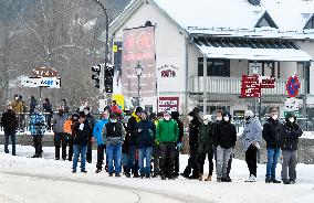 queue of commuters waiting for mandatory coronavirus tests in Bayerisch Eisenstein