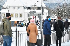 queue of commuters waiting for mandatory coronavirus tests in Bayerisch Eisenstein