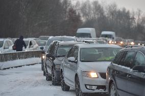 queue of commuters waiting for mandatory coronavirus tests at Czech-German border in Pomezi nad Ohri