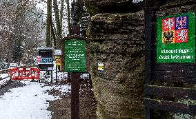 Bohemian Switzerland in Hrensko region, spruce trees bark beetle infection, National park, no entry