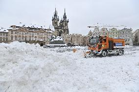 Old Town Square in Prague, snow, snowplow