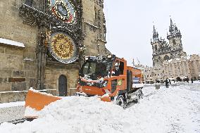 Old Town Square in Prague, snow, snowplow
