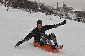 Prague, winter, snow, weather, people