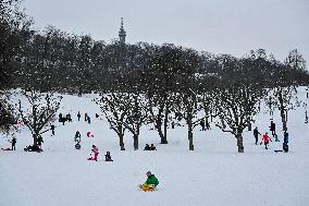 Prague, winter, snow, weather, people