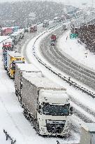 highway D8, trucks, long queue, weather, snow, winter