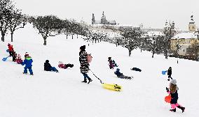 Prague, winter, snow, weather, people