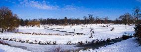 Stromovka park, Prague, winter, snow, frozen lakes, weather, people