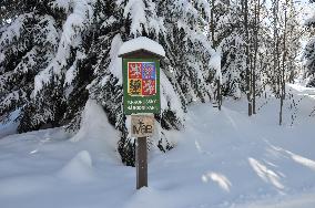 Marking the territory of the national park, Giant Krkonose, winter, snow, marking, inscription