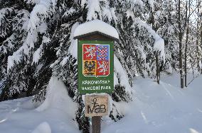 Marking the territory of the national park, Giant Krkonose, winter, snow, marking, inscription