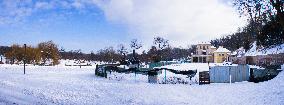 renovated Slechta's restaurant in Stromovka park, Prague, winter, snow