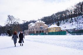 renovated Slechta's restaurant in Stromovka park, Prague, winter, snow