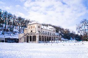 renovated Slechta's restaurant in Stromovka park, Prague, winter, snow