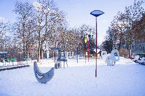 The Kastanek children playground in Stromovka park, Prague, winter, snow