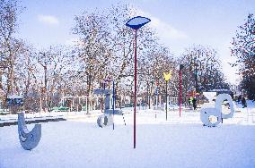 The Kastanek children playground in Stromovka park, Prague, winter, snow