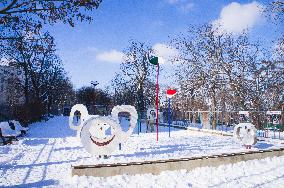 The Kastanek children playground in Stromovka park, Prague, winter, snow