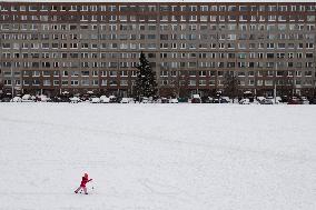 Nove Butovice housing estate, child, ski, cross country skiing