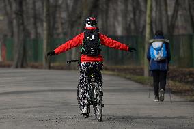 cyclist, woman, Stromovka Park, Prague