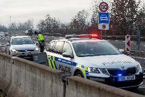 Police control, policemen, car, highway D8, epidemic restrictions