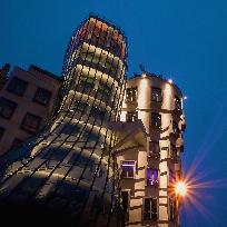 Dancing house, night, lights, Prague, tourism, architecture