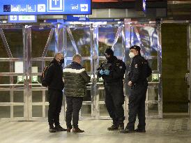 Police control, policemen, Prague main railway station, Hlavni nadrazi,  epidemic restrictions