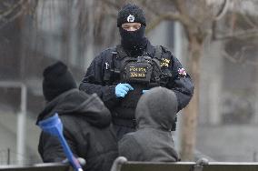 Police control, policemen, Prague main railway station, Hlavni nadrazi,  epidemic restrictions