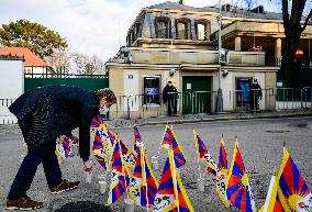 Flag for Tibet, 156 Tibetan flags, outside Embassy of China in Prague