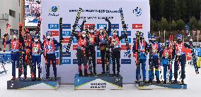Norway, Italy, Sweden, podium, mixed relay at the Biathlon World Cup
