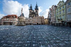 Old Town Square, Prague, memorial, little white cross, victims, coronavirus, covid-19