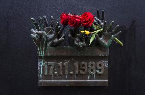 The Velvet Revolution memorial, Narodni Street, rose, tulip