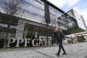 building of PPF Gate in Prague, black flag