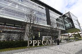 building of PPF Gate in Prague, black flag