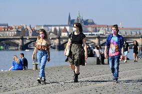 People, River Vltava embankment, Prague, Prague Castle, face mask