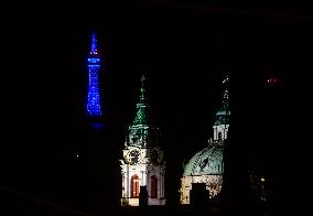 Petrin Lookout Tower in Prague shines blue on occasion of World Autism Awareness Day