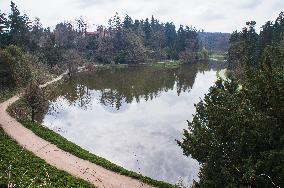 Pruhonice Park, Podzamecky pond, spring, empty, deserted, no people