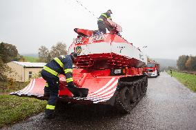 explosion of the ammunition store in Vrbetice, firefighters, fire fighting tank