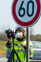 Nationwide traffic safety event Speed Marathon in Pardubice, measure speed, policeman, policewoman