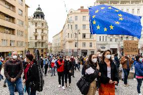 People, demonstrations against pro-Russian stances of President Milos Zeman, EU flag