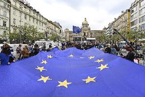 People, demonstrations against pro-Russian stances of President Milos Zeman, flag EU