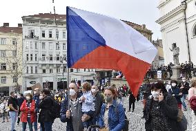 People, demonstrations against pro-Russian stances of President Milos Zeman, Czech flag