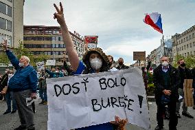 People, demonstrations against pro-Russian stances of President Milos Zeman, Andrej Babis, PM, flag