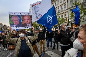 People, demonstrations against pro-Russian stances of President Milos Zeman, Andrej Babis, PM