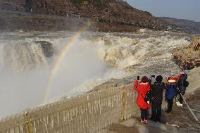 Ice Hanging Rainbow At Hukou Waterfall of Yellow River