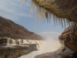 Ice Hanging Rainbow At Hukou Waterfall of Yellow River