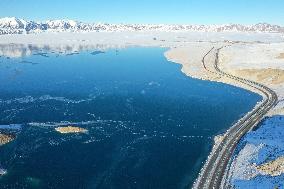 Aerial View The Fozen Selimu Lake