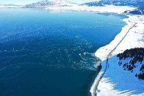 Aerial View The Fozen Selimu Lake