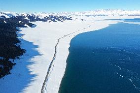 Aerial View The Fozen Selimu Lake