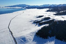 Aerial View The Fozen Selimu Lake